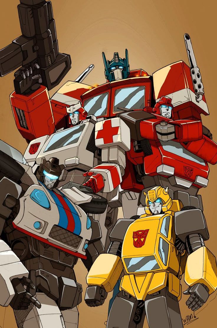 736x1111 G1 Autobots: From Top to bottom: Optimus Prime, Ratchet, Ironhide, Jazz, and Bumblebee