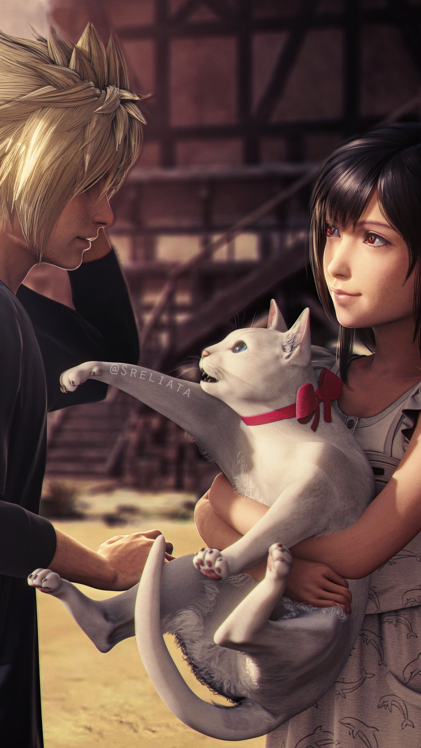 1440x2560 Desktop wallpaper: Final Fantasy Vii Remake, Video Game, Cloud Strife, Tifa Lockhart, Cat, Final Fantasy 4K free download for PC. 1190900