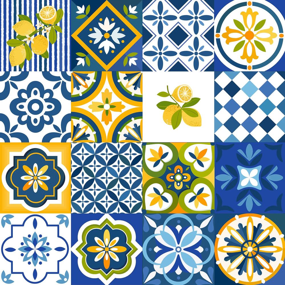 1000x1000 Maiolica Mosaic Wallpaper in Mediterranean Blue and Sorrento Lemon