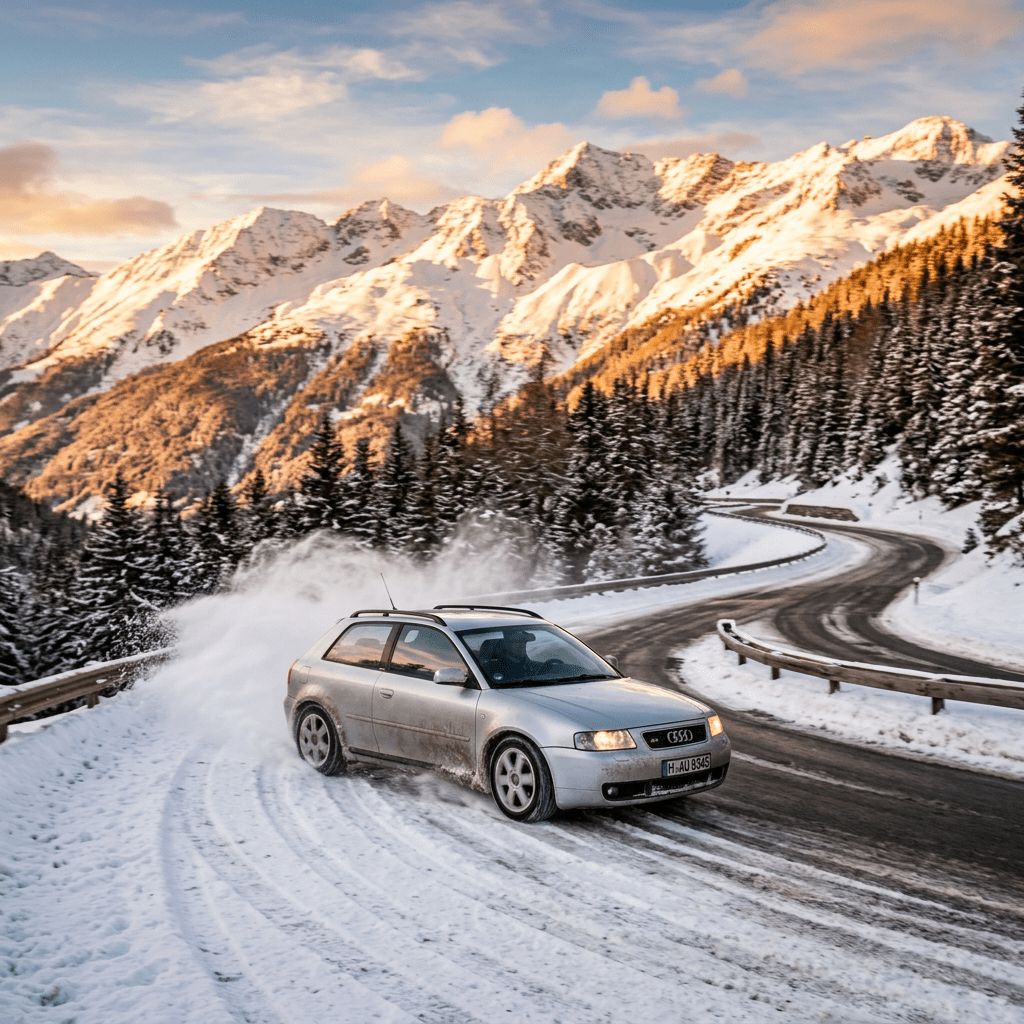 1024x1024 Audi S3 8L Running On Snow Mountains. Direction Panel AAF. AI Art Generator. Easy Peasy.AI