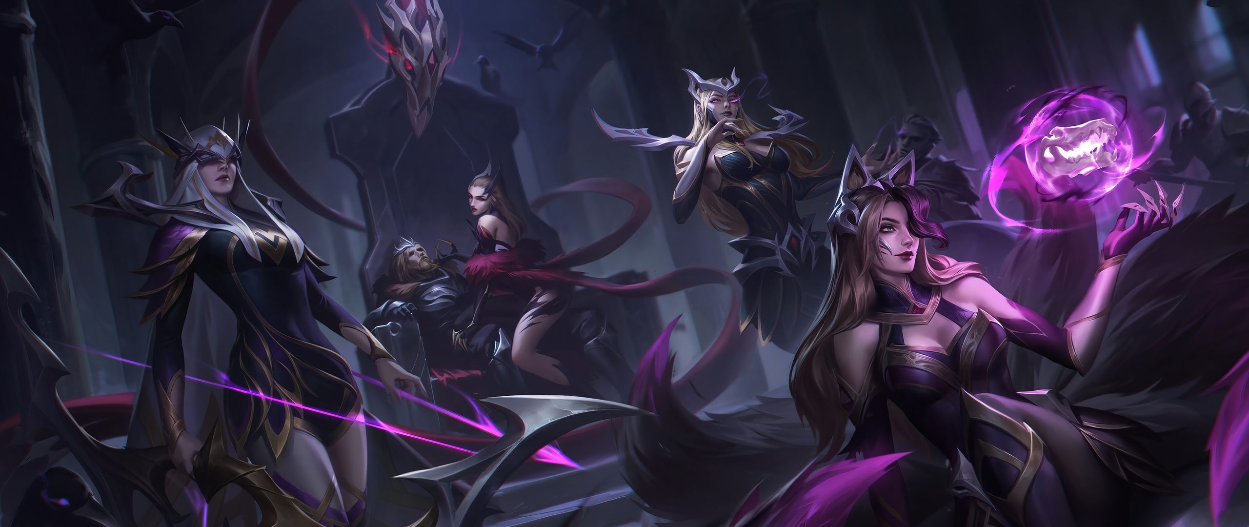 2560x1080 Download Coven Ahri, Ashe, Cassiopeia, Evelynn, League of Legends, Lol, Art, Skin, Coven, Ahri, Evelynn, Cassiopeia Wallpaper in 2560x1080 Resolution
