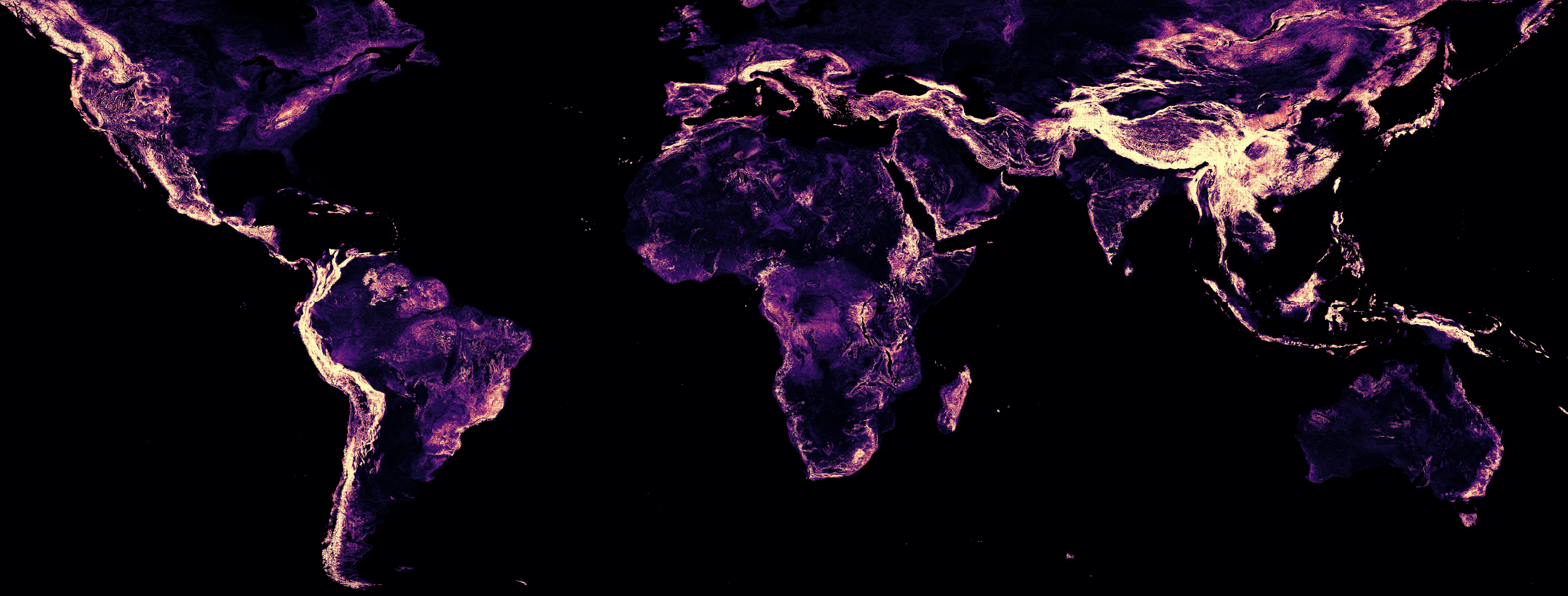 8000x3041 [OC High Res Global Terrain Slope Map (8000 X 3000) Generated From NASA SRTM ElevationData