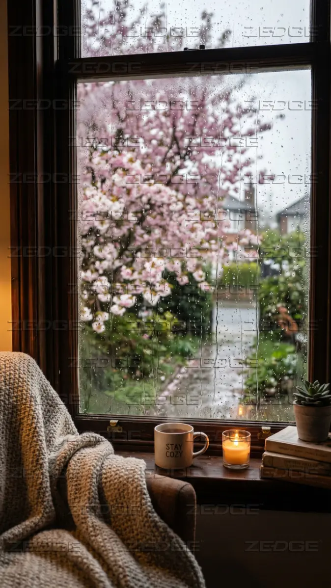 674x1198 Rainy Spring Window Cherry Blossom Cozy Wallpaper wallpaper