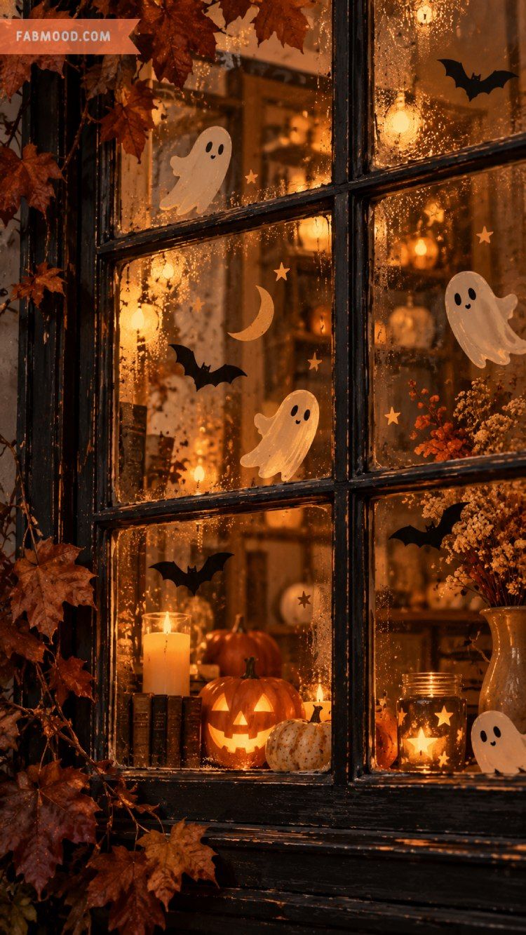 750x1333 Cozy Halloween Window Wallpaper for Phone : Autumn Aesthetic