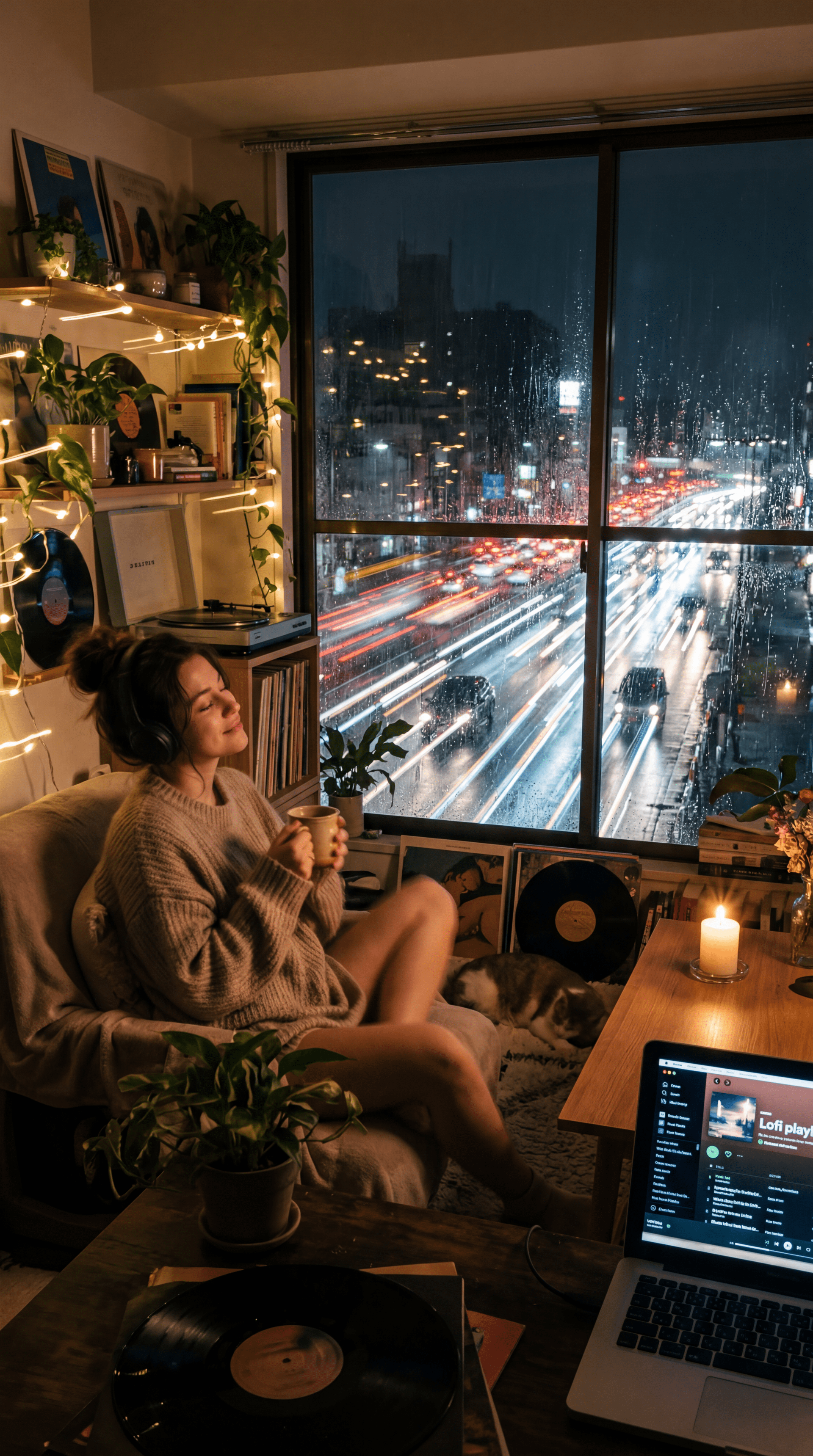1920x3440 Rainy Lofi Night. Cozy Window Wallpaper. Midnight Chill iPhone. Vinyl & Raindrops