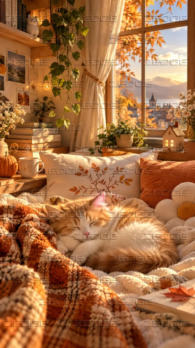 674x1198 Cozy Cat Nap by the Autumn Window wallpaper
