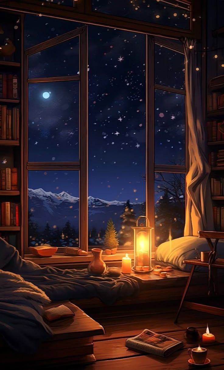 736x1212 Cozy Winter Room with a Window View. Cozy window view at night, Cozy night wallpaper