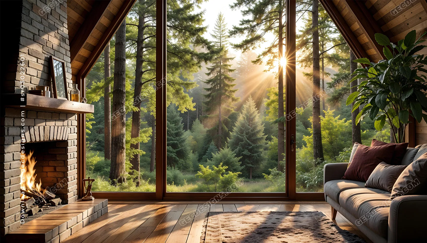 1666x950 Cozy Forest Cabin Desktop Wallpaper with Fireplace, Large Window, and Sunlight Through Trees: Free & Premium Creative Assets