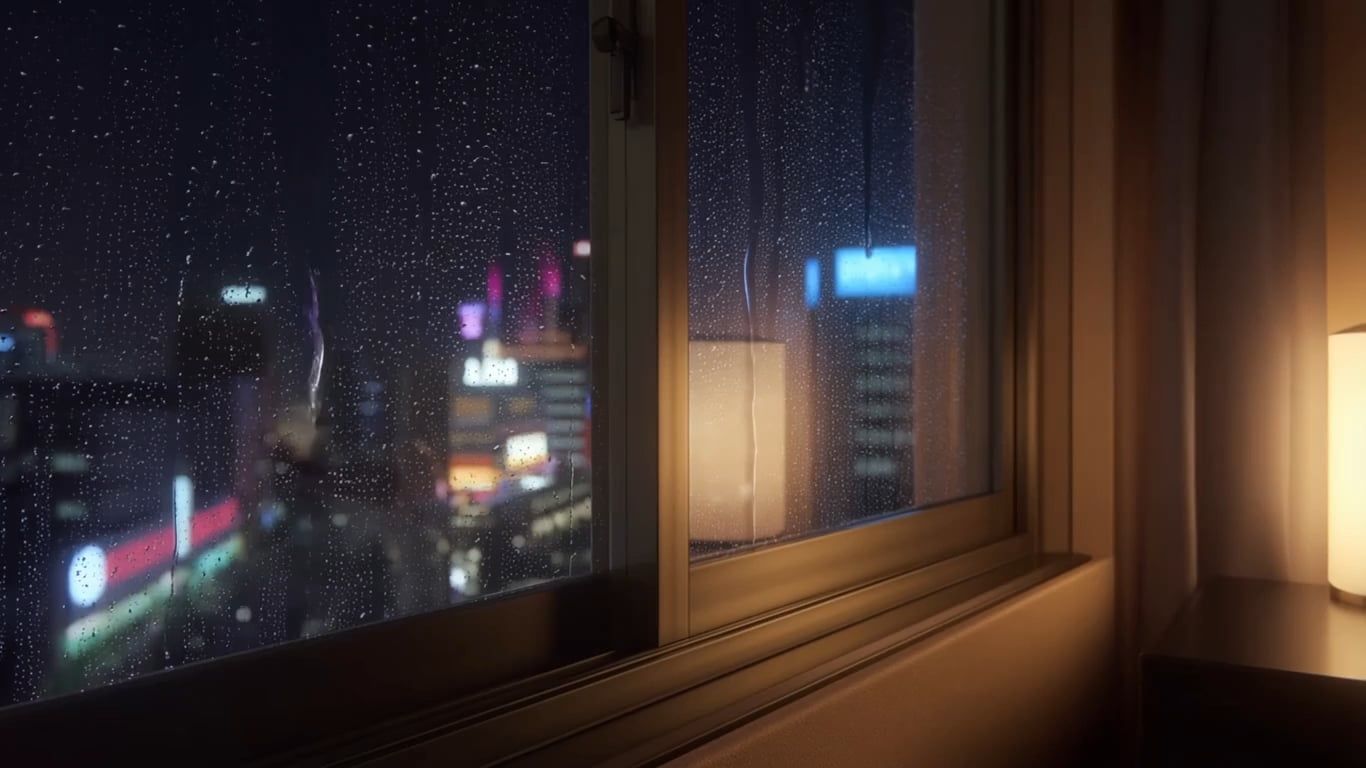 1366x768 Cozy Tokyo rain through a window