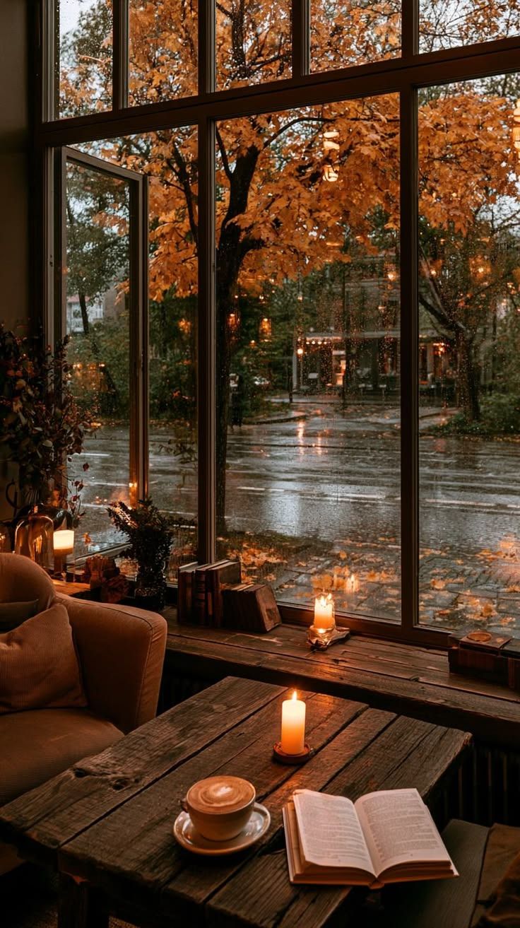 736x1313 Cozy Autumn Coffee Shop Phone Wallpaper, Fall Cafe iPhone Background, Rainy Window Aesthetic, Pumpkin Spice Digital Wallpaper