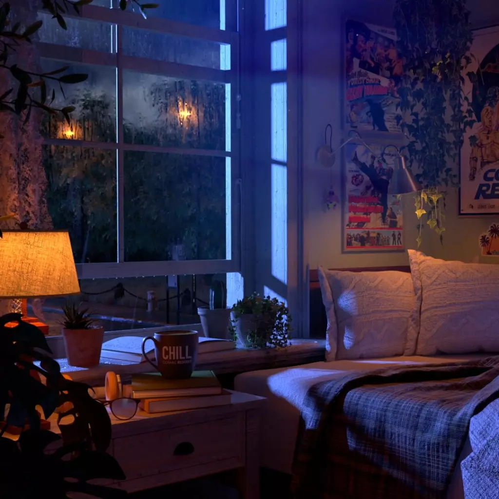 1024x1024 Live wallpaper Cozy room, rain outside the window, Chill mug download on
