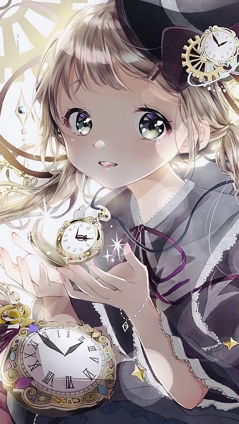 800x1420 Download Wallpaper 800x1420 Girl, Watch, Time, Anime, Art, Cartoon Iphone Se 5s 5c 5 For Parallax HD Background