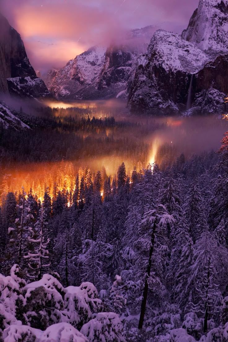 736x1104 Yosemite Valley at Night Wonderland Illuminated by Beautiful Lights. Yosemite winter night scenery, Yosemite