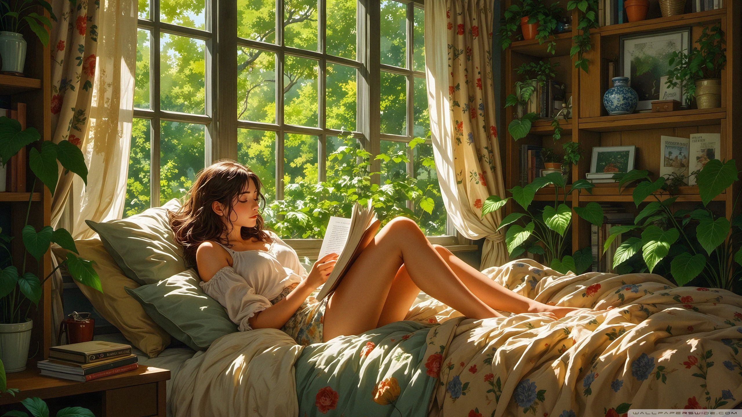 2560x1440 A Cozy Bedroom Scene with a Girl Reading a Book 4K UHD Wallpaper for UltraHD Desktop and TV : Widescreen and UltraWide Display : Dual Monitor