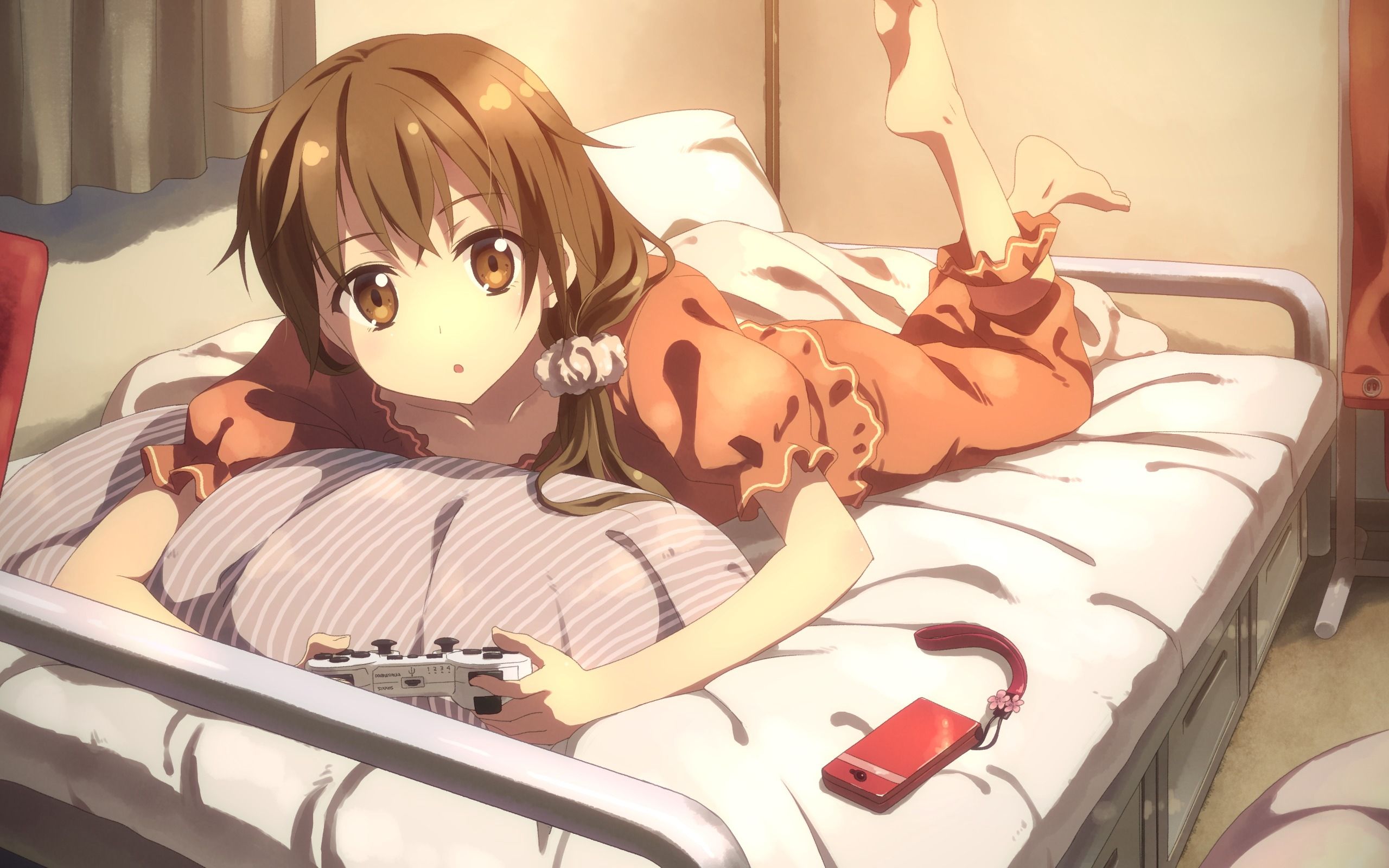 2560x1600 Wallpaper Brown Haired Girl Anime Character Lying on Bed, Background Free Image