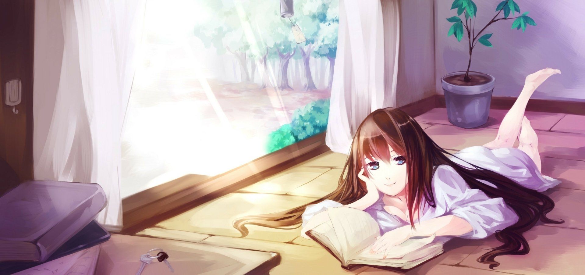 1920x902 Sunlit Serenity: Anime Girl Reading in a Cozy Room HD Wallpaperx1515