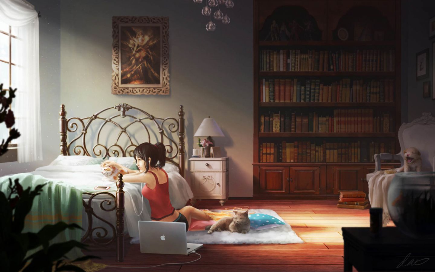 1440x900 Anime Girl Bed Wallpaper