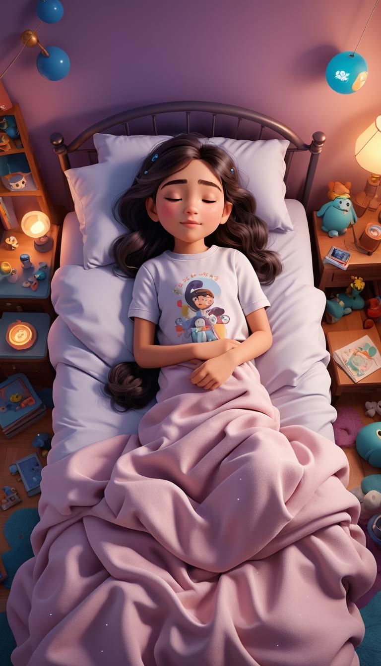 768x1344 Dreaming Girl In Bed: Pixar Style 3D Art