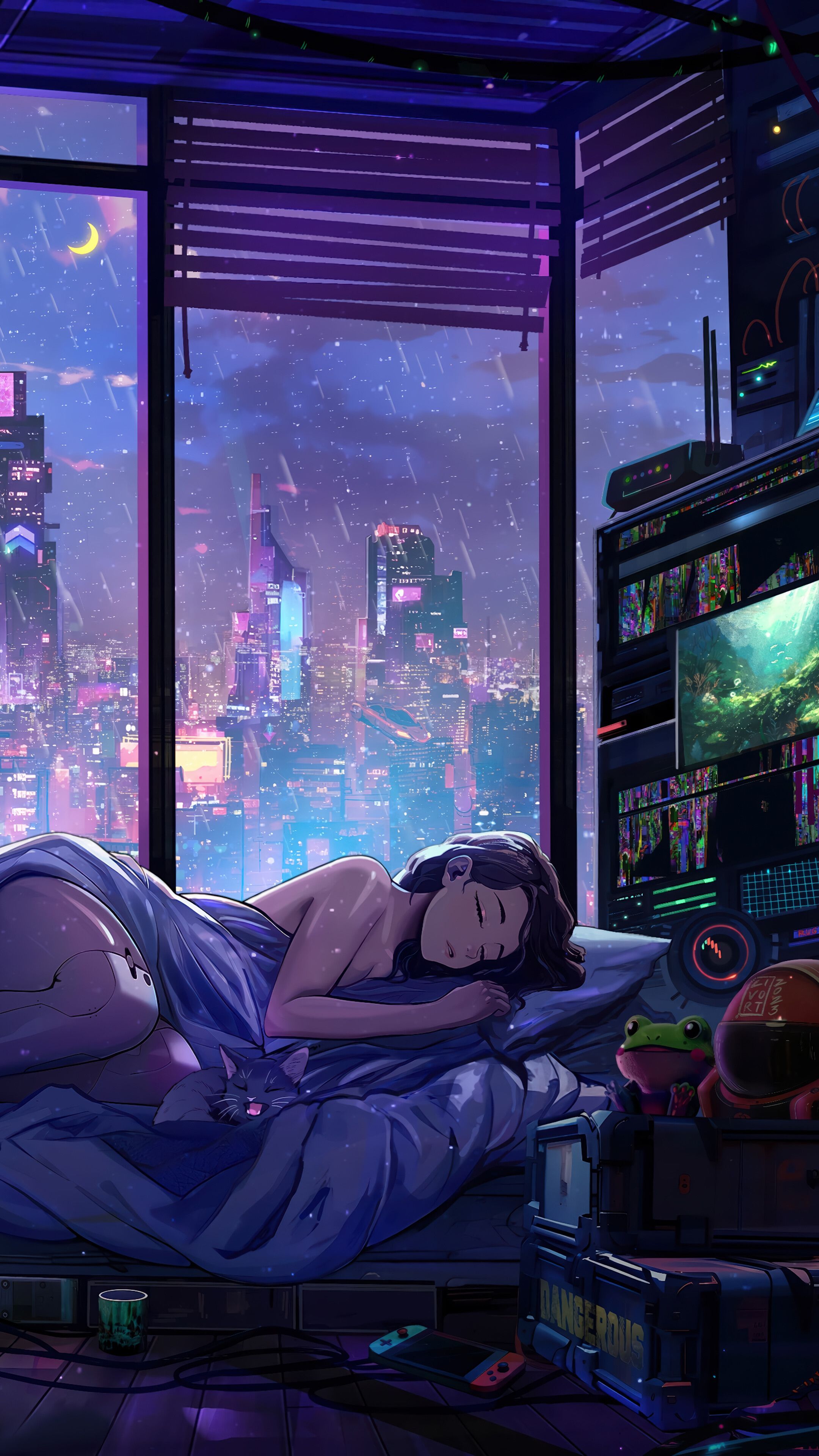 2160x3840 Sci Fi Cyberpunk City Girl Sleeping 4K Wallpaper IPhone HD Phone F