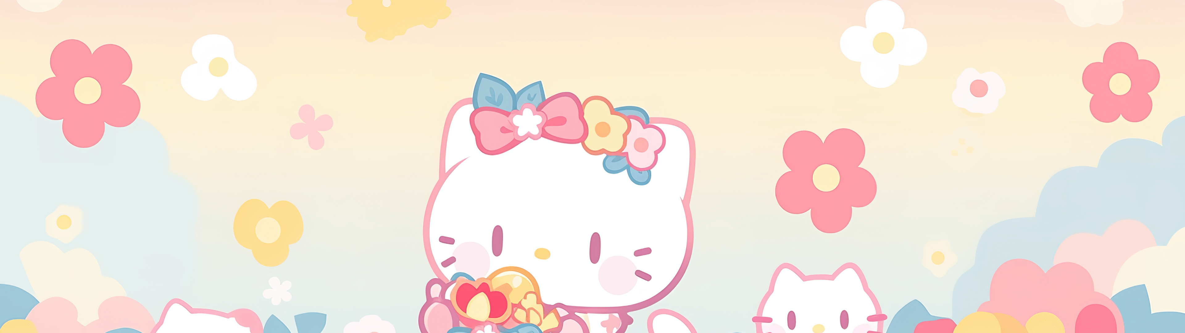 3840x1080 Cute hello kitties Wallpaper 4K, Floral Background