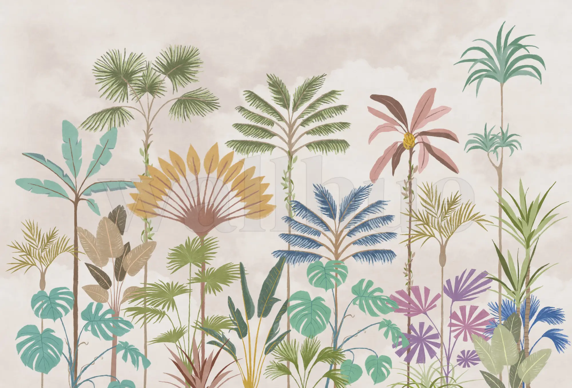 2000x1359 Botanical Wallpaper Tropical Palms Terracotta Blue Beige Pink Palm Trees Leaves Birdcage Exotic Plants Bedroom Mural