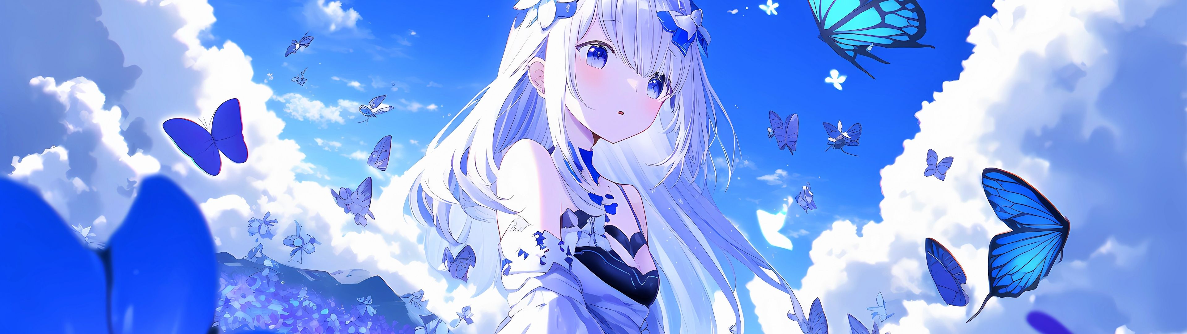 3840x1080 Teen Wallpaper 4K, Anime girl, Dream, Butterflies