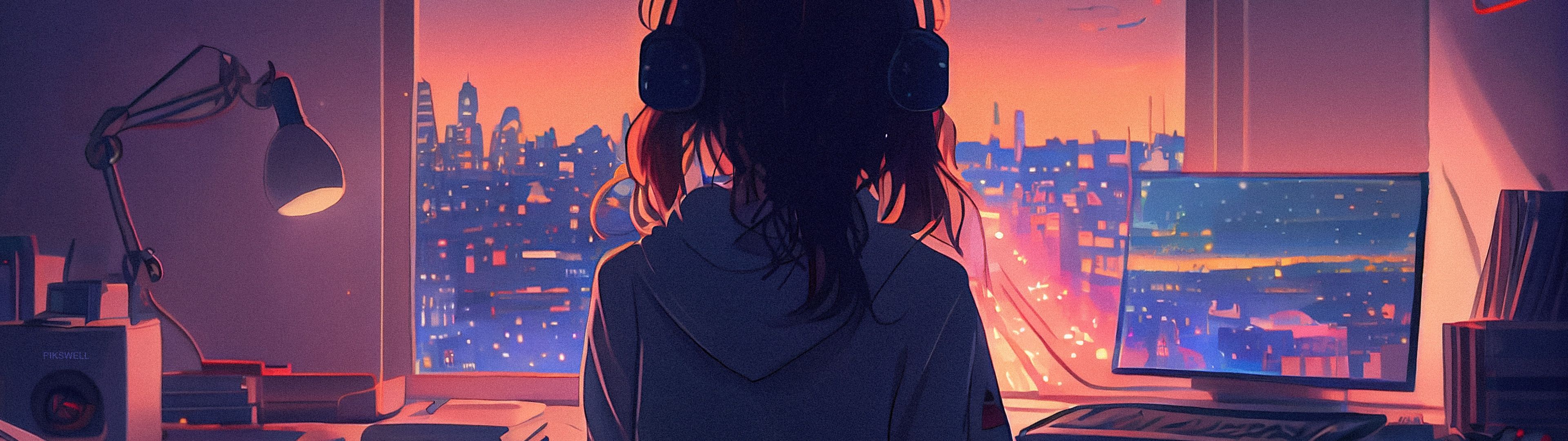 3840x1080 Anime Lofi girl Listening music 5K Wallpaper