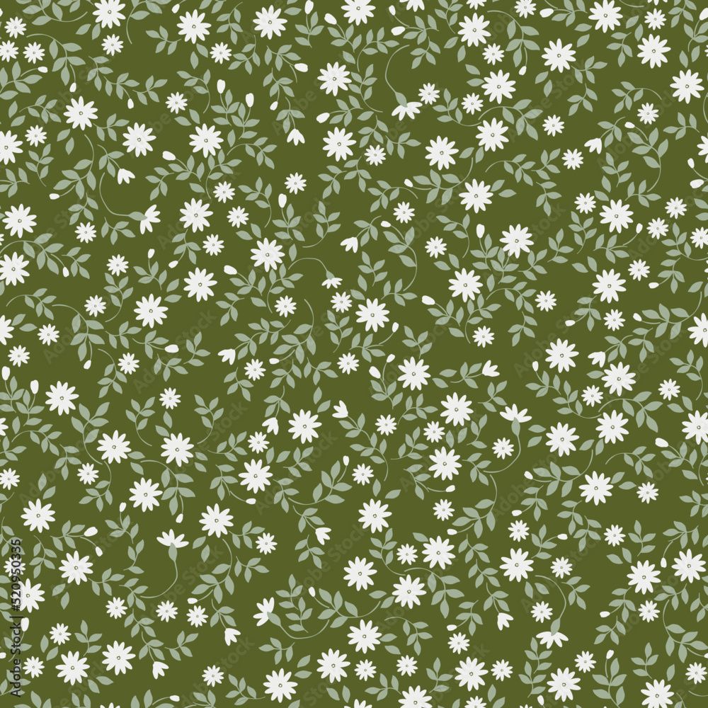 1000x1000 Image vectorielle Stock Simple vintage pattern. Small white flowers, green leaves. dark green background. Fashionable print for textiles and wallpaper