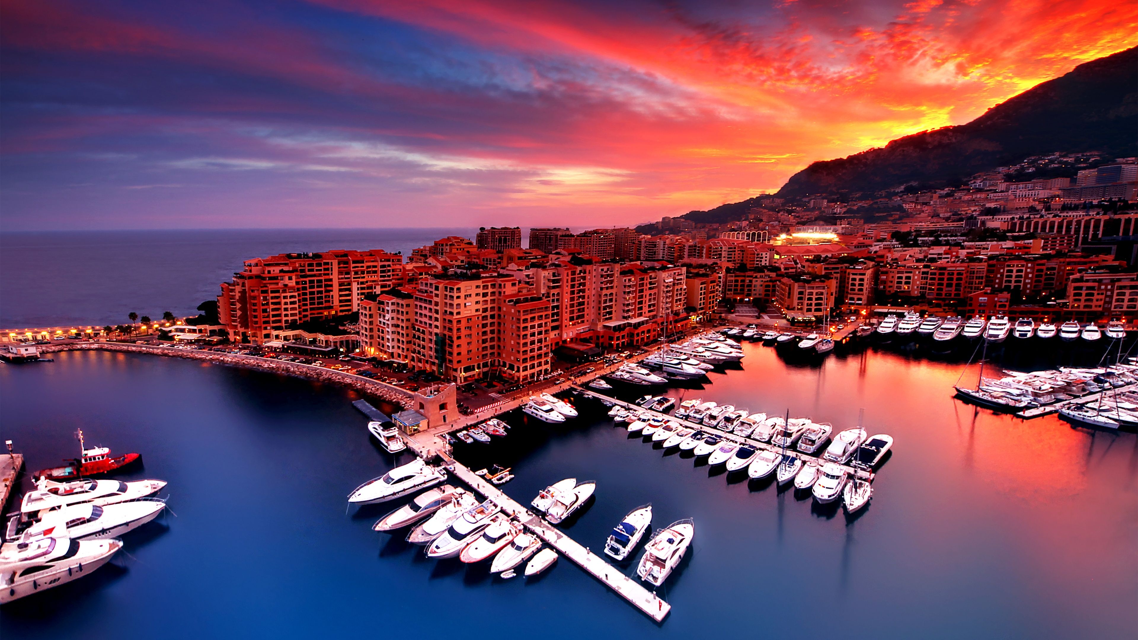 3840x2160 Port Fontvieille Wallpaper 4K, Monaco City, Yacht, Red Sky
