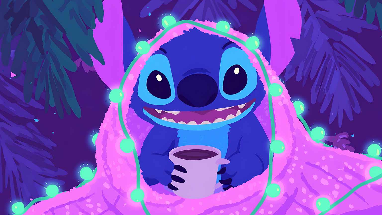 1536x864 Free Stitch Wrapped In Pink Blanket With Lights Desktop Wallpaper