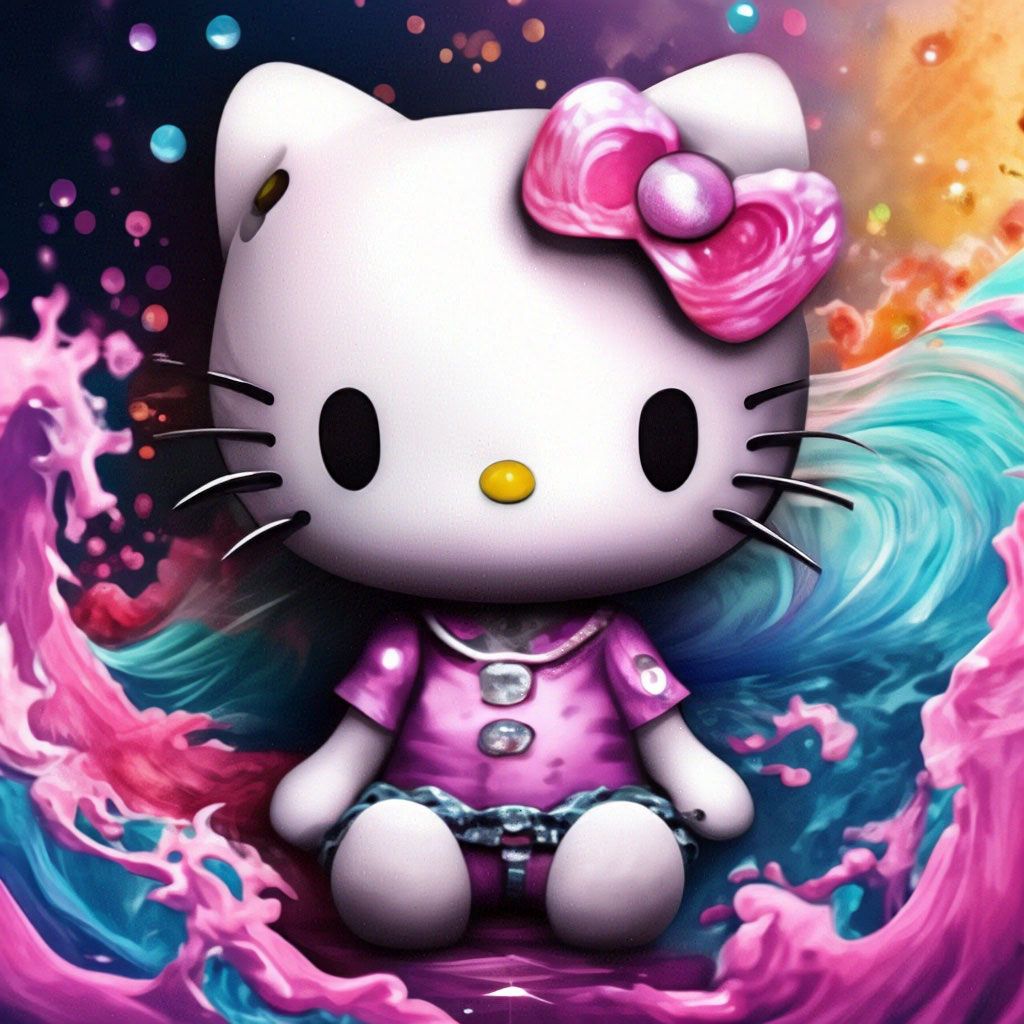 1024x1024 Hello Kitty, Fantasy Art, Dreamcore Style, 3D Wave Design, Multi Layered Watercolor Drawing With Black Liner