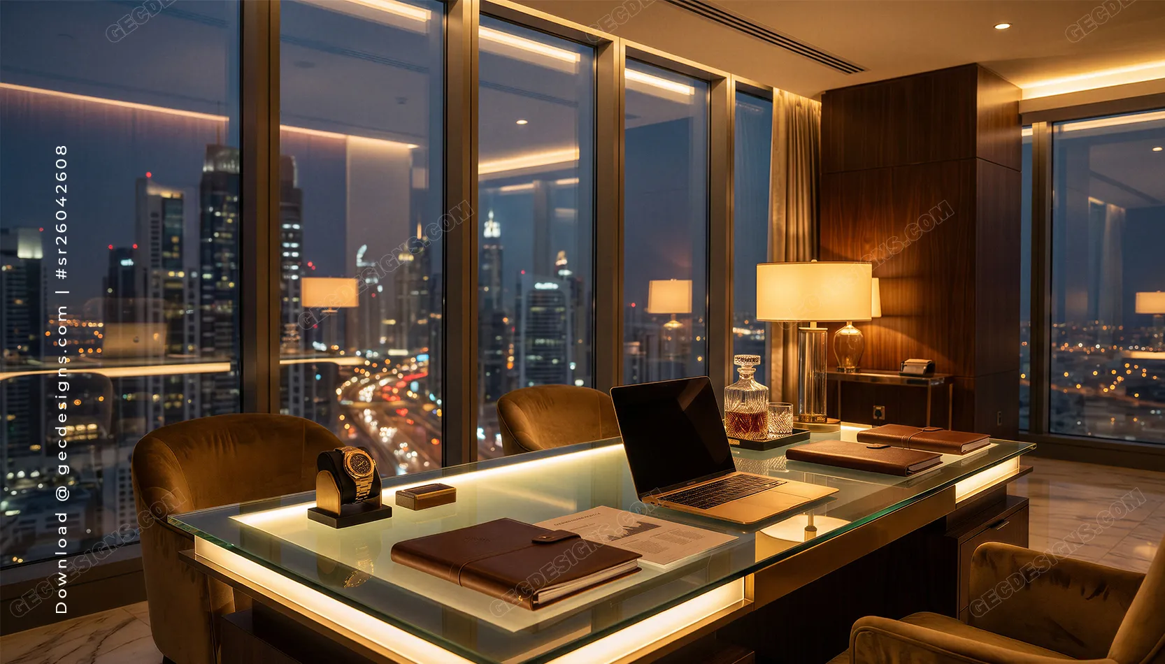 1666x950 Luxury Office Wallpaper Desktop with Executive Workspace and City Skyline Night View: Free & Premium Creative Assets