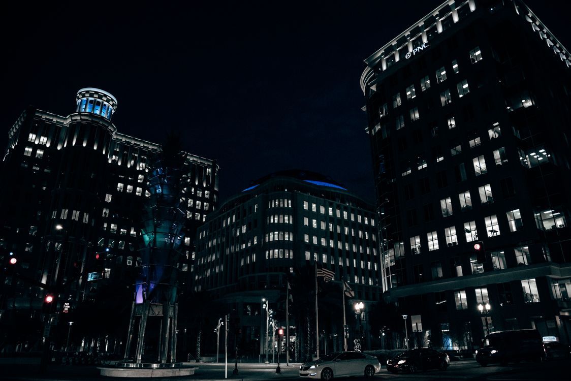 1124x750 Illuminated Office Buildings at Night · Free