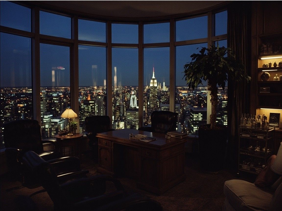 1152x864 Luxurious 1980s Office Interior with Black Leather Chairs, Wooden Desk and New York City Night View