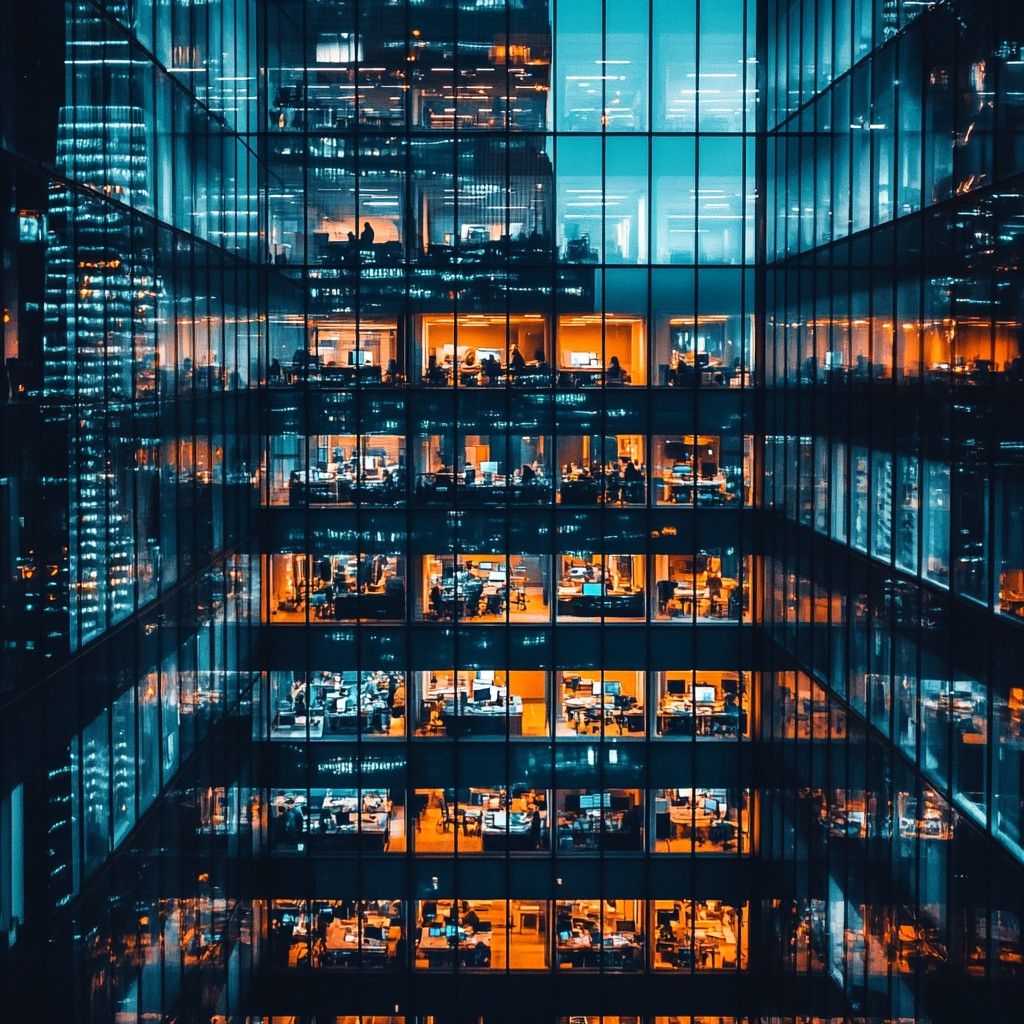 1024x1024 Download Illuminated office building Image, Building, Night