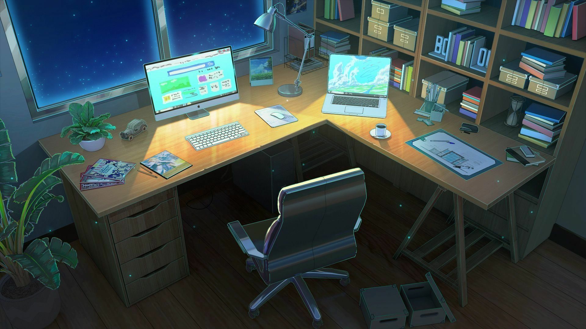 1920x1080 Anime Night Study: Cozy HD Workspace with Computer and Books by 行之LVx1080