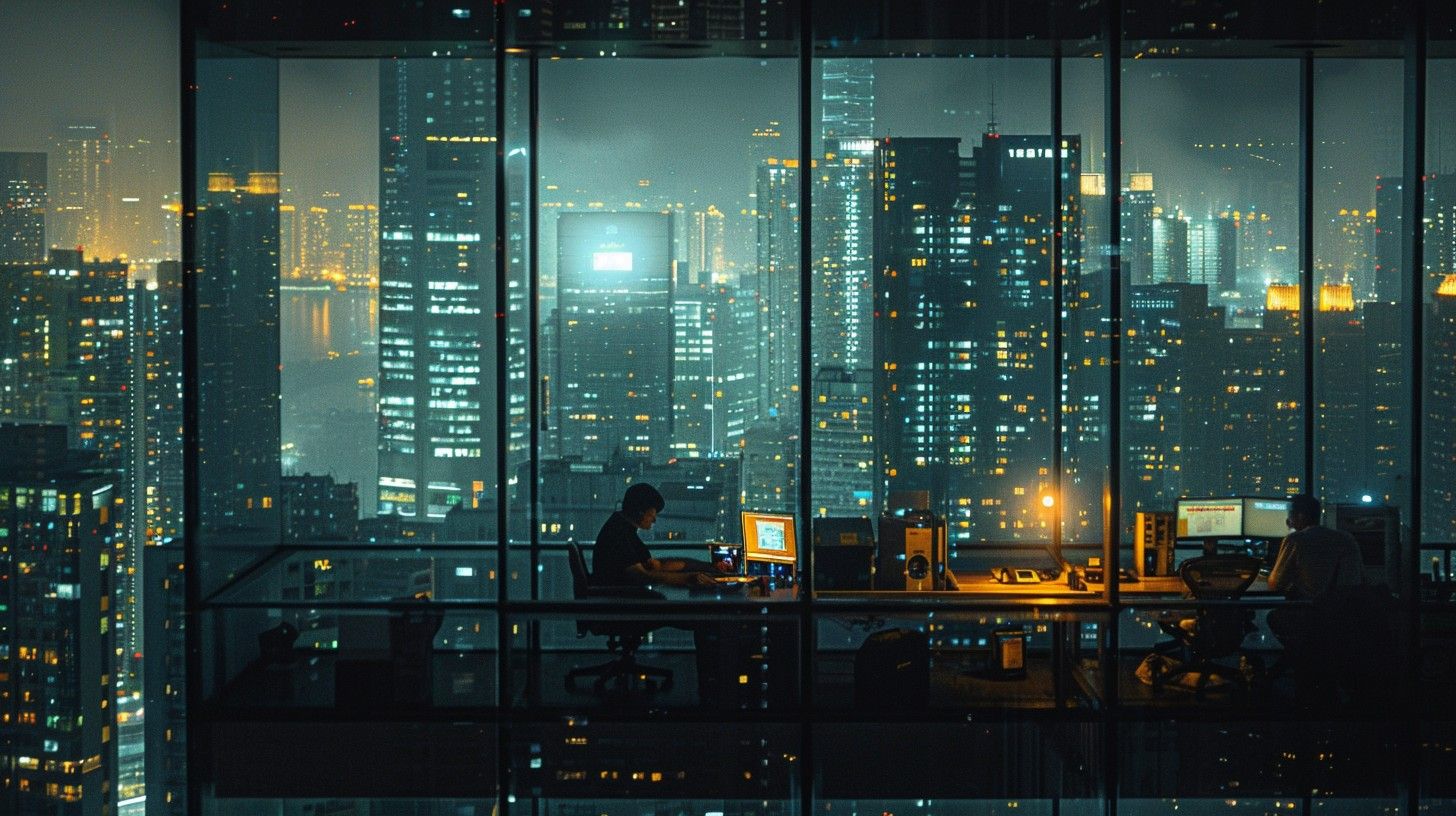 1456x816 Download Nighttime Urban Work Image, City, Office