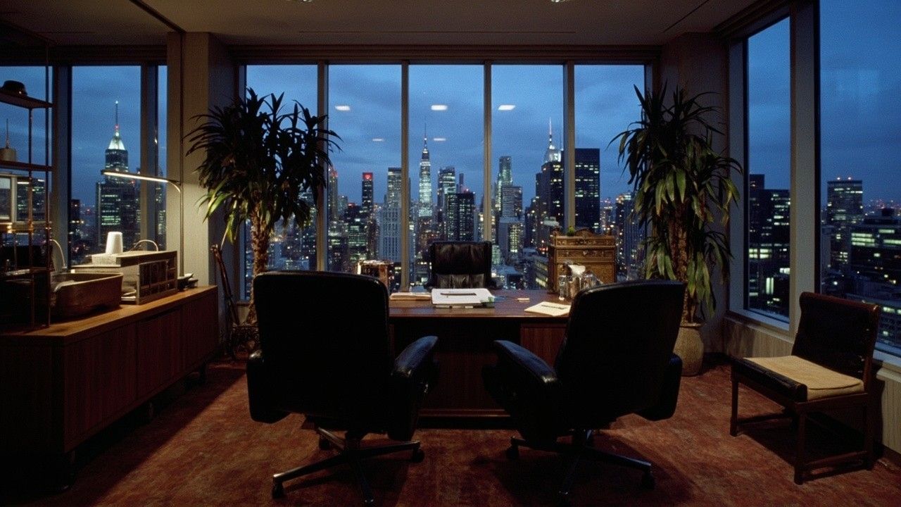 1280x720 1980s Office Interior with New York City Night View, Wooden Desk and Leather Chairs