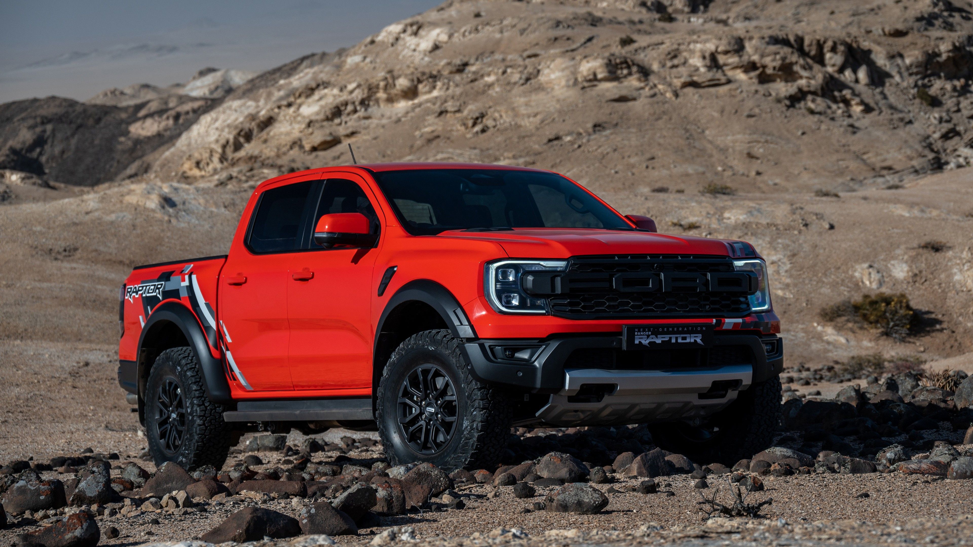 3840x2160 Red 2023 Ford Ranger Raptor pickup truck in the mountains Desktop wallpaper 600x382