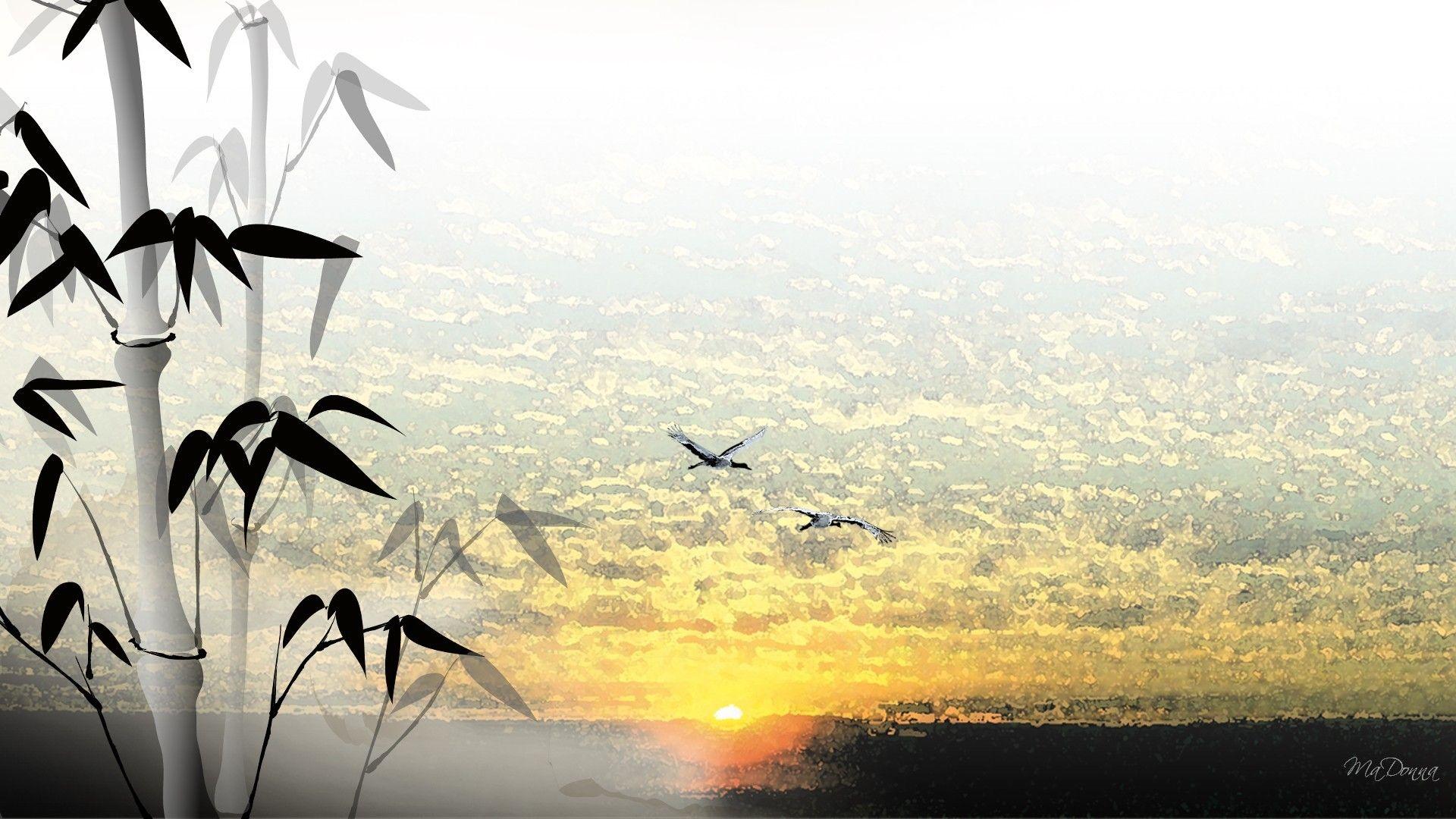 1920x1080 Sky: Sky Art Bamboo Persona Firefox Water Birds Paint Sun Oriental