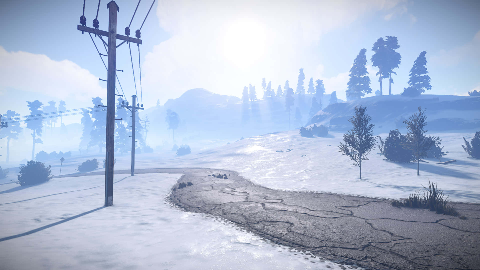 1920x1080 Download a snowy scene with a road and power lines Wallpaper