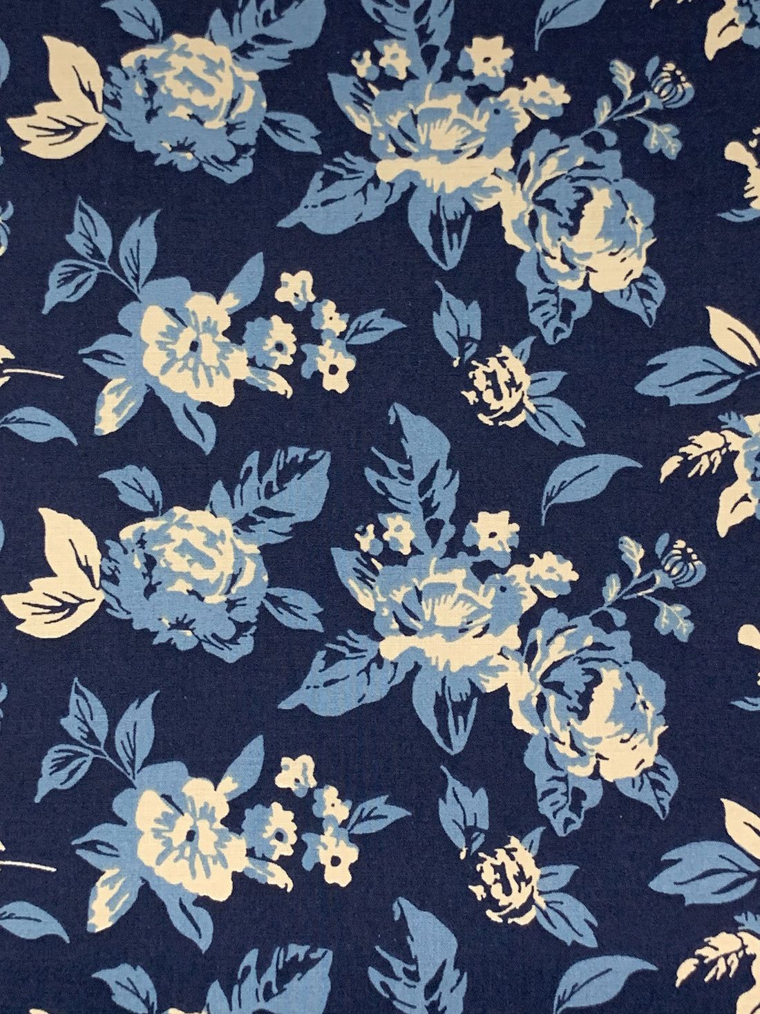 1100x1467 Dark Navy Antique Ivory Shadow Blue Cotton Lycra Floral Print Poplin S