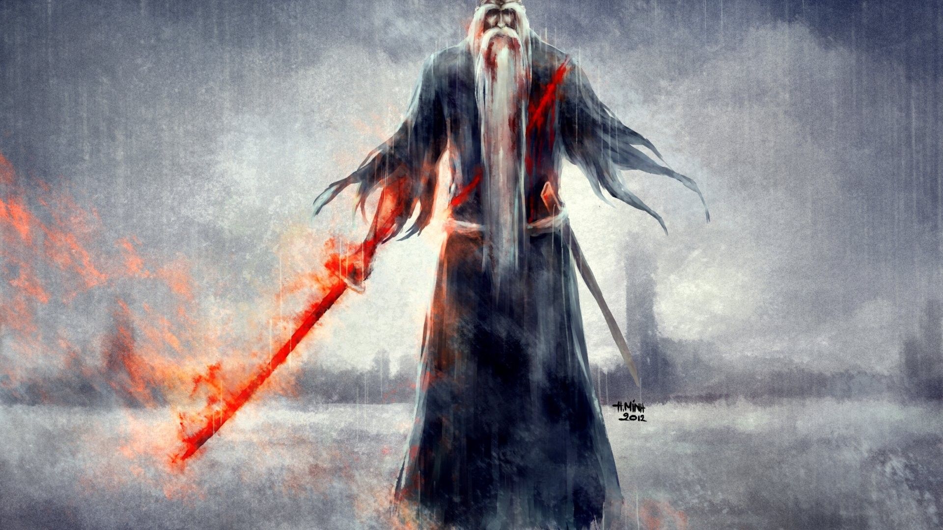 1920x1080 An old man with a flaming sword, the artist NanFe Desktop wallpaper 1366x768