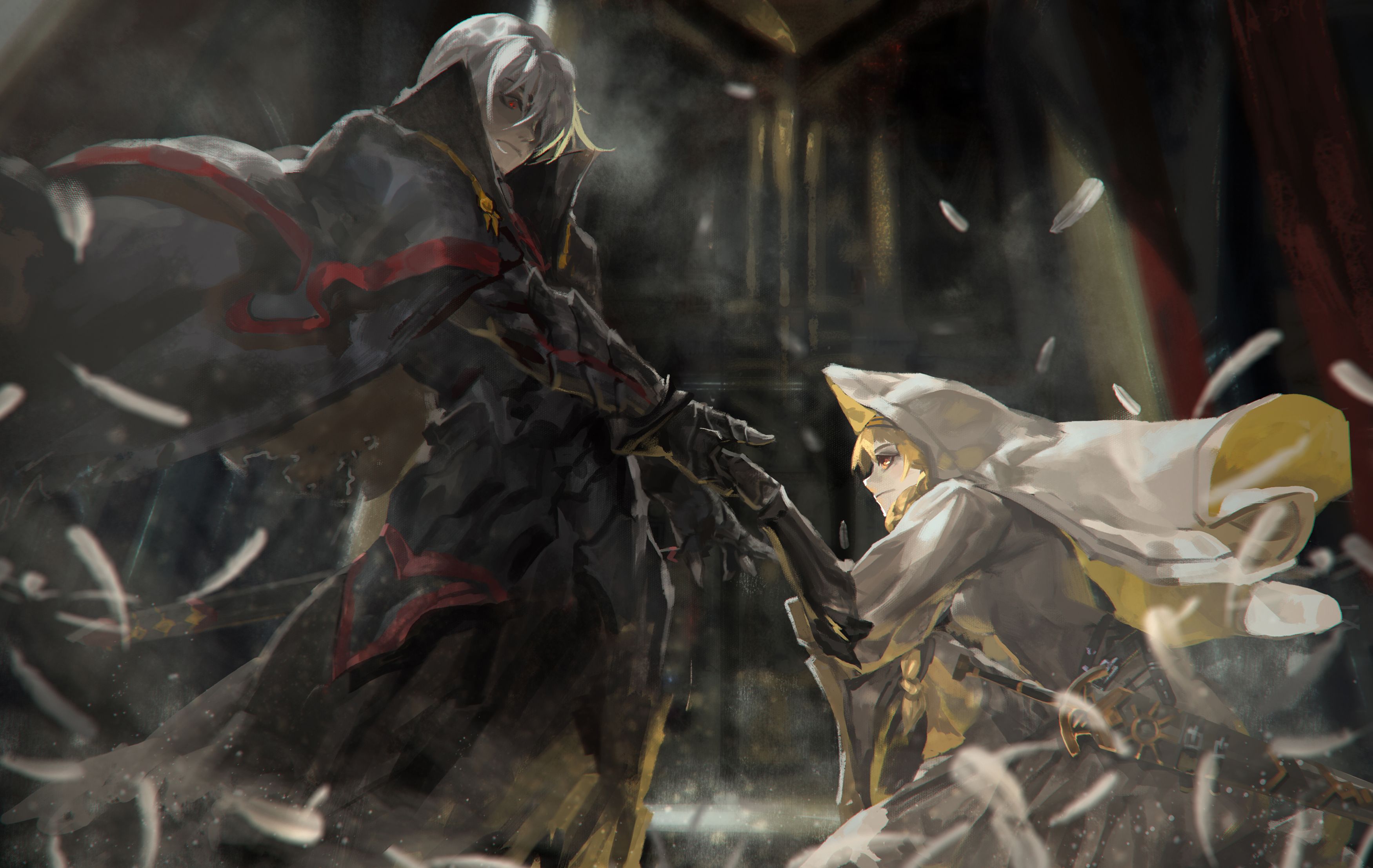 3501x2213 Wallpaper girl, weapons, sword, anime, art, hood, guy, alcd for mobile and desktop, section сёнэн, resolution 3501x2213