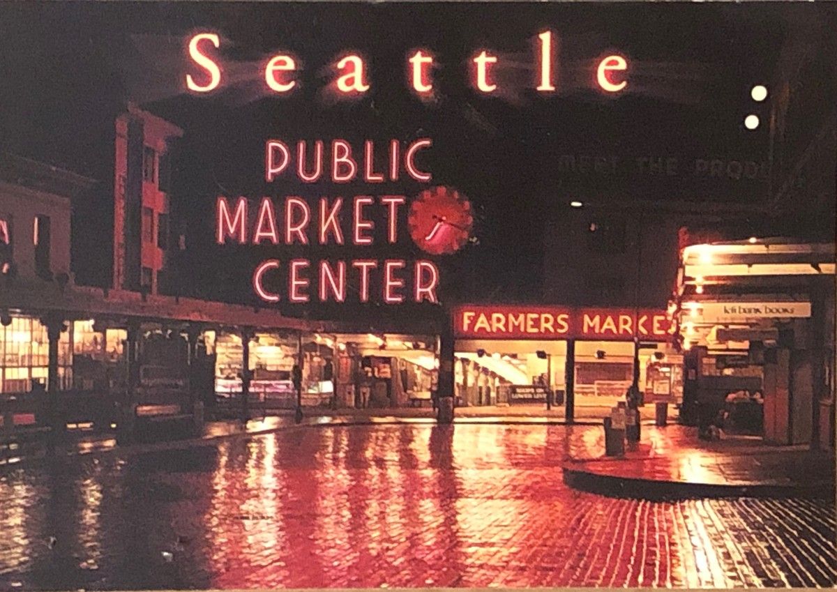 1200x849 Seattle Washington Pike Place Public Market Center Postcard Night Sign Light WA