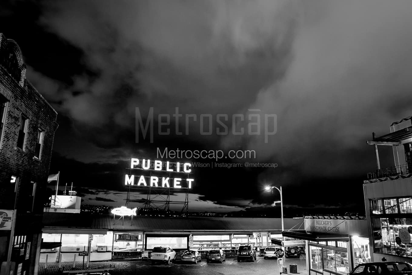1360x907 Seattle Public Market Sign Black and White