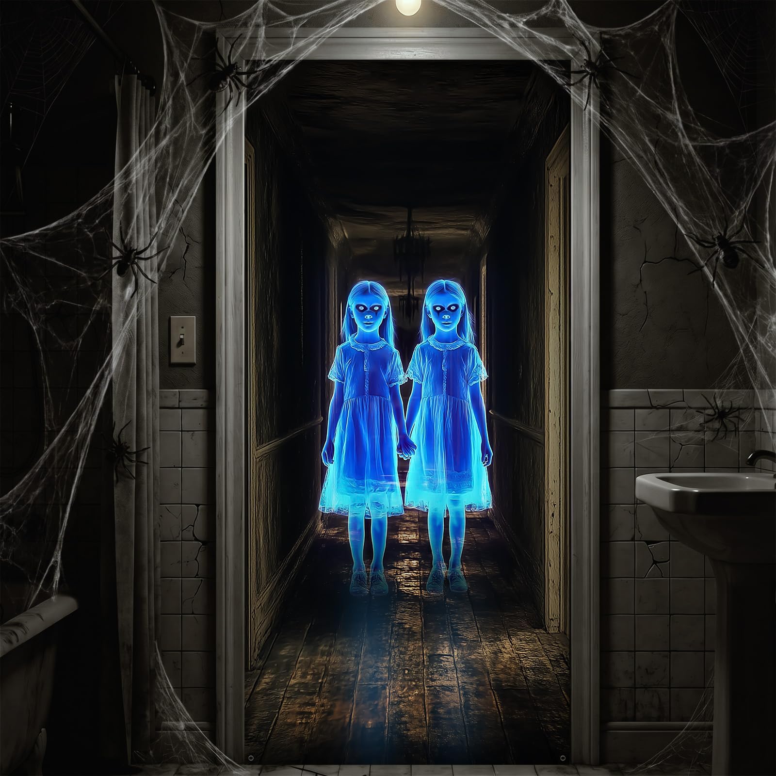1600x1600 Halloween Decorations Door Cover, Large Scary Twins Spooky Movie Inspired Halloween Door Banner Bathroom Porch Door Backdrop Decor for Party, Indoor Outdoor Haunted House Themed Decoration, 35x79 Inch : Home