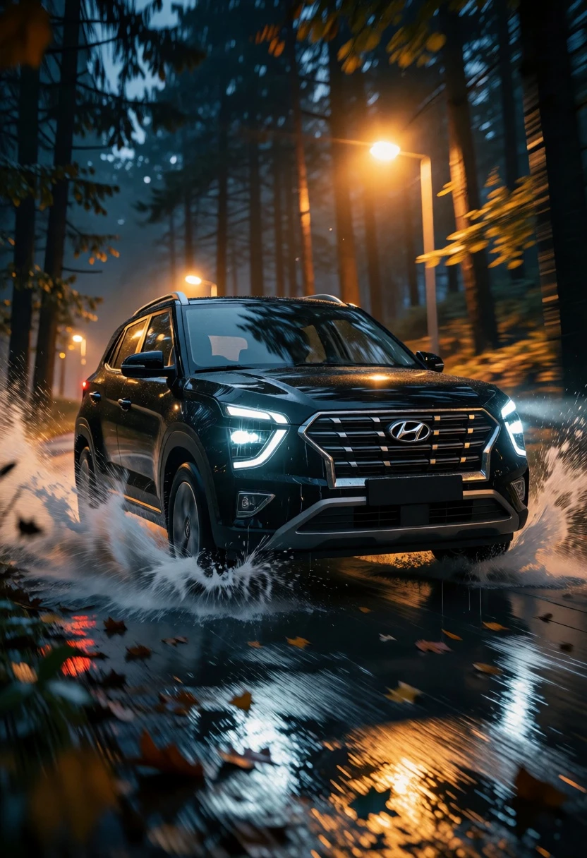 832x1216 Black suv speeding through wet forest road at night with dramatic reflections Image Prompt