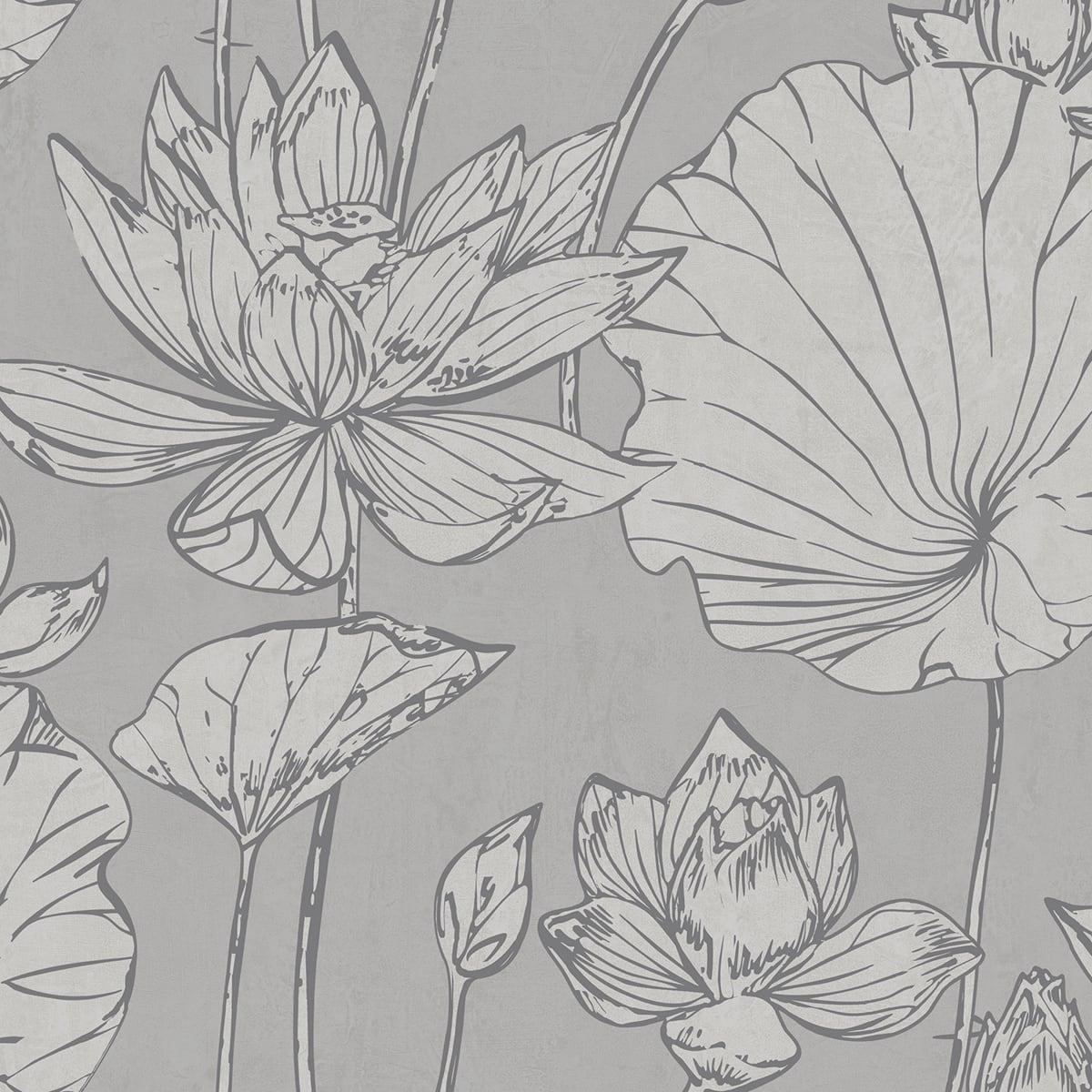 1200x1200 Seabrook Lotus Floral Metallic Silver And Gray Wallpaper