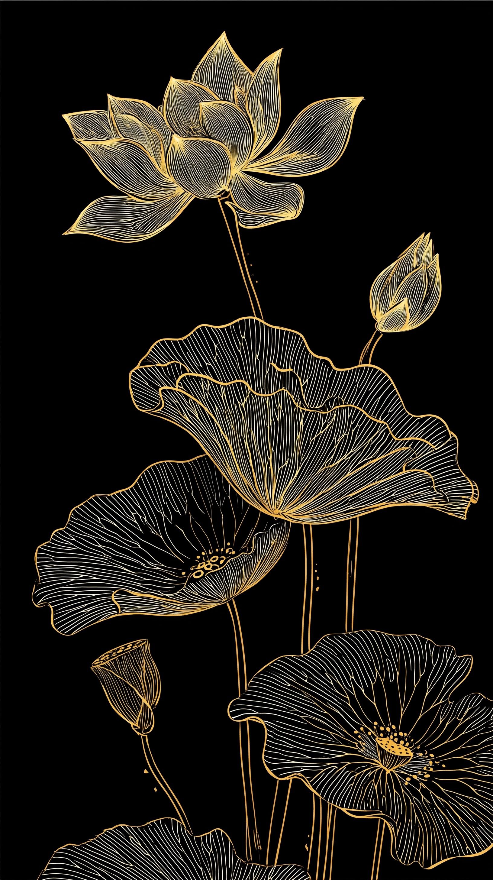 1632x2912 Elegant Lotus Line Art On Black Background • PromptDen